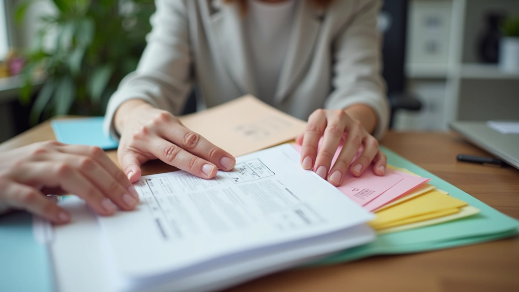 Main organisant des documents fiscaux dans des chemises colorées étiquetées par catégorie