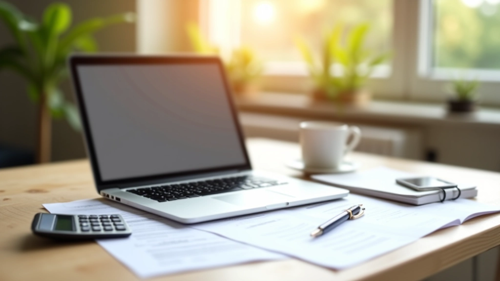 Ordinateur portable avec documents fiscaux et calculatrice sur un bureau