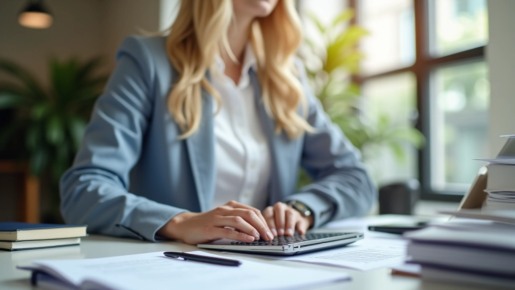 Personne travaillant sur un ordinateur avec des documents fiscaux organisés sur le bureau